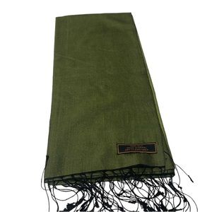 Beautiful green silk scarf with black string fringe. NWT